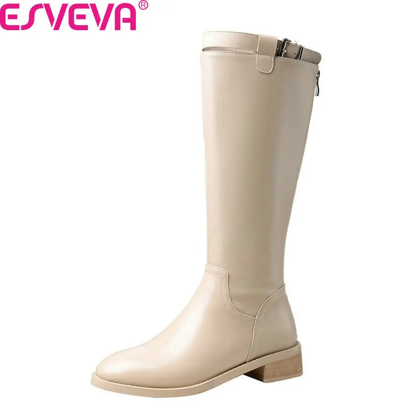 

ESVEVA 2020 Square Low Heel Buckle Zipper Autumn Winter Knee High Boots Cow Leather PU Casual Round Toe Women Shoes Size 34-39