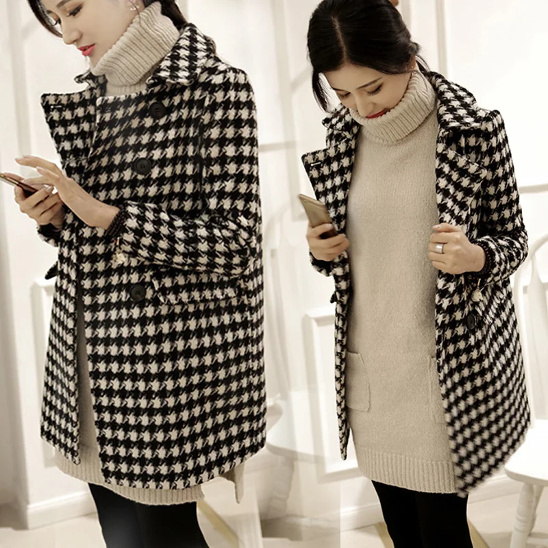 Модное женское Шерстяное Пальто, теплое плотное пальто, шерстяное пальто в стиле Хаундстут, винтажное Черное и белое свободное Ретро клетчатое Женское пальто