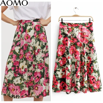 

AOMO fashion women French style floral midi skirt faldas mujer vintage side zipper office ladies elegant skirts JA17