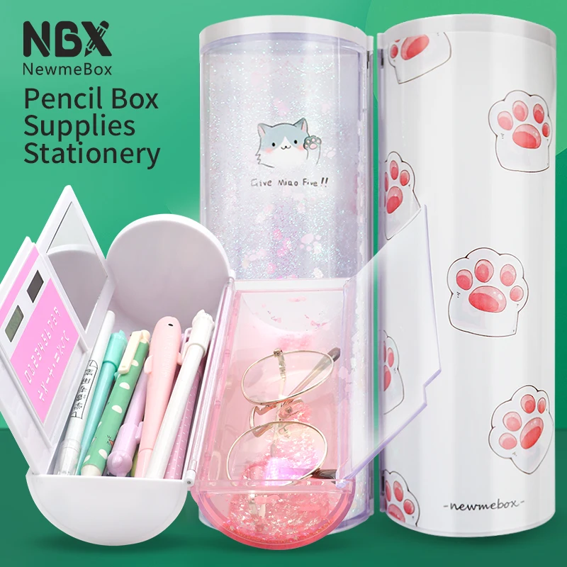 Cute cat large capacity pencil case Kawaii canvas pencilcase transparent quicksand pencil caseFor girls and boys gift school