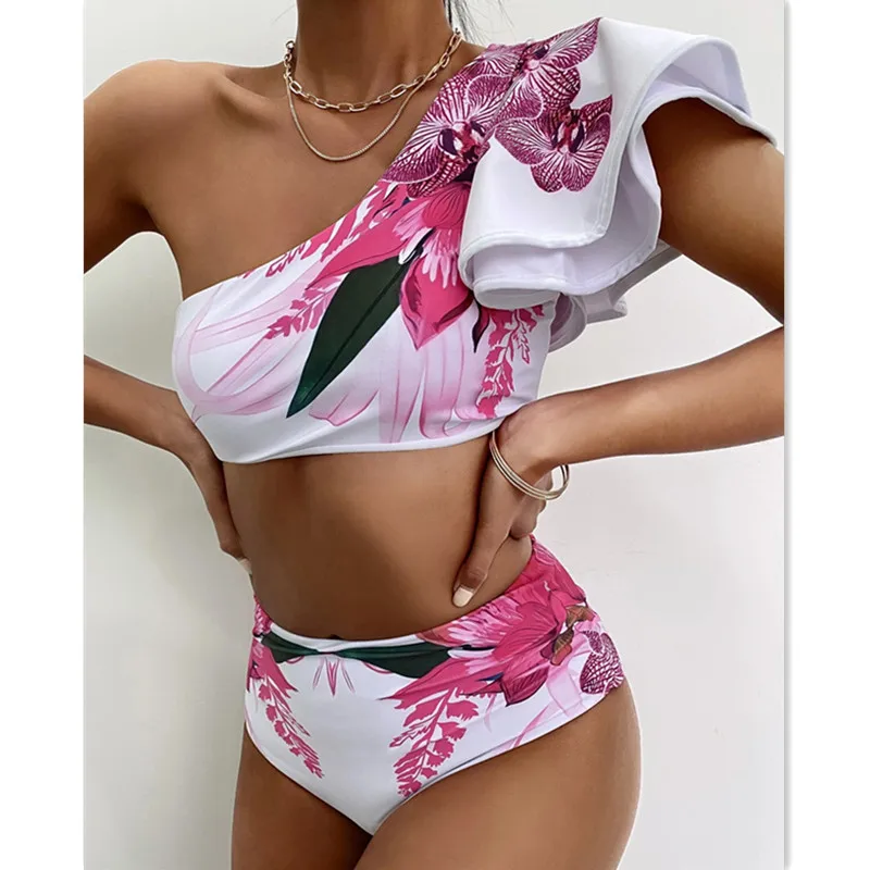Sexy Ruffle One Shoulder Bikini Set 2021 New High Waist Swimsuit Women Print Floral Bathing Suit 2 Pieces Beach Wear Biquini | Женская