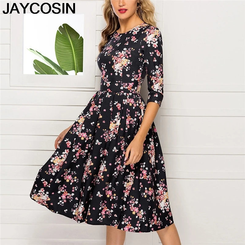 JAYCOSIN женское платье с 3/4 рукавами, винтажное, с цветочным принтом, элегантное, модное, миди, вечернее, торжественное платье, Vestido, осень, jy16