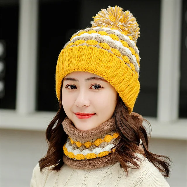yellow set 2 Новинка, зимняя женская шапка с помпоном и шарф, набор для девочек, плюс бархатная теплая шапка бини, женская зимняя повседневная Толстая вязаная шапка, комплект из 2 предметов - Цвет: yellow set 2