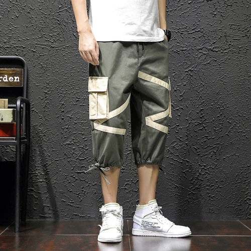 Army Green Любимые мужские укороченные брюки, летние мешковатые Большие размеры, шифоновые плоские брюки-карго, японские прямые брюки для отдыха - Цвет: Army Green