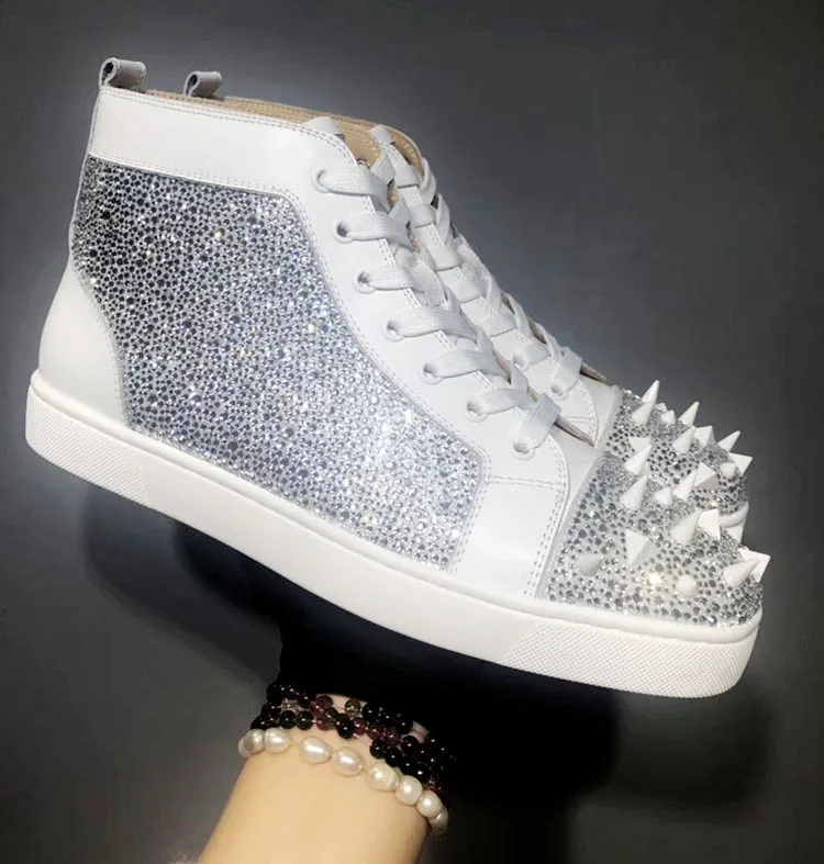 Босоножки на высоком каблуке Blingbling, блестящие, хрустальные стразы с шипами и заклепками декор с высоким берцем Мужская обувь Черный Звездное с красной подошвой стильный Обувь для пары