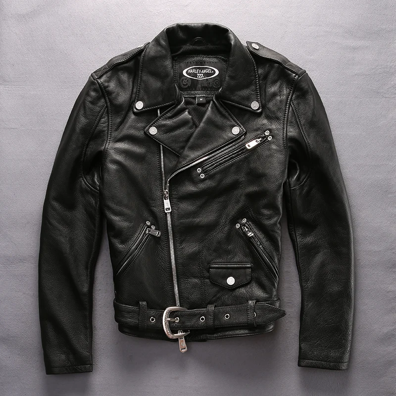 ANGEL, новинка, Мужская черная натуральная мотоциклетная Байкерская кожаная куртка, Мужская мода, большие лацканы, толстая воловья кожа, тонкая куртка-бомбер - Цвет: Черный