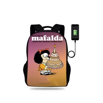 

17inch Cartoon Mafalda Print USB charge backpack Kids Children School Bag For teenager Girls Travel backpack Mochlia