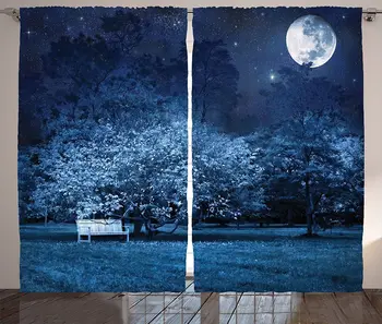 

Fantasy Curtains Surreal Scene of Full Moon Night in The Park with Bench Under Tree Print Living Room Bedroom Window Drapes Navy