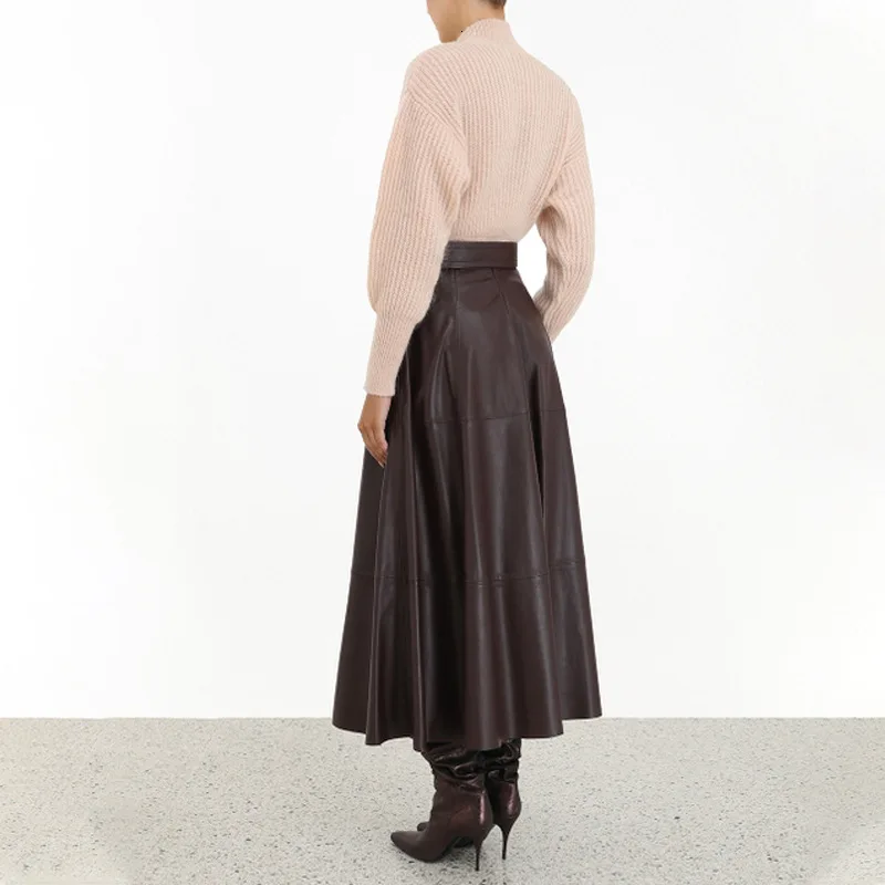 DEAT Fashion Solid Color High Waist Bow With Soft Leather Long Paragraph Large Swing Wild Skirt Female 19G-a57