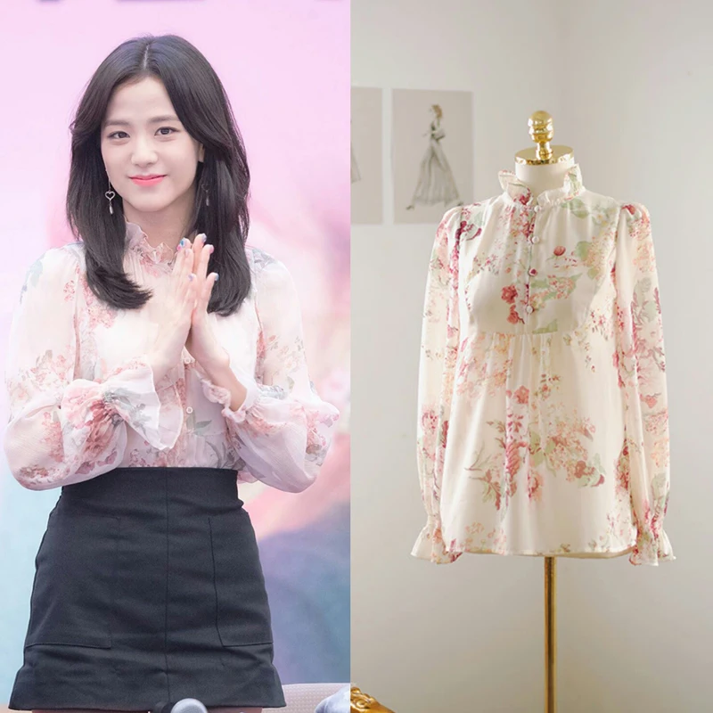 Kpop Blackpink Jisoo та же Корейская свежая Милая шифоновая рубашка с цветочным узором женская летняя уличная модная блузка с длинными рукавами