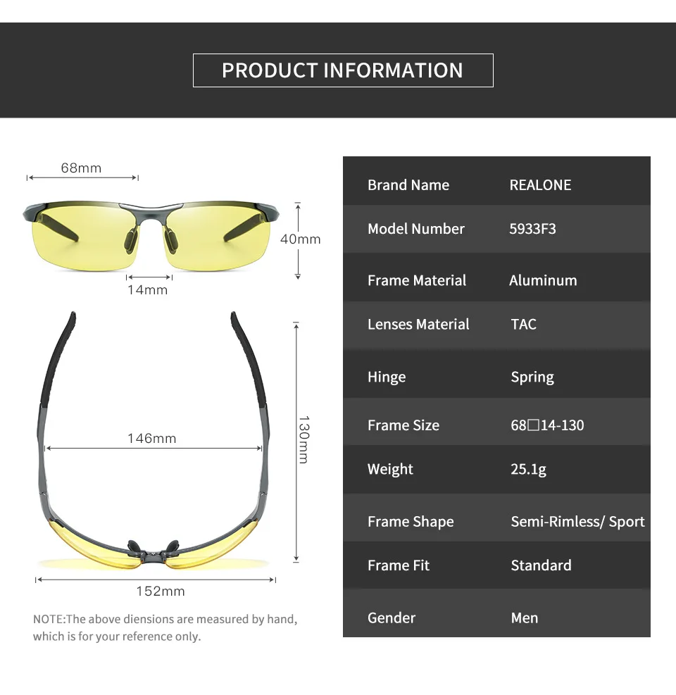 Mens Photochromic Polarized Glasses for Driving Anti Glares Day Night Vision Goggles Yellow To Gray Aluminum Sports Eyewear 5933