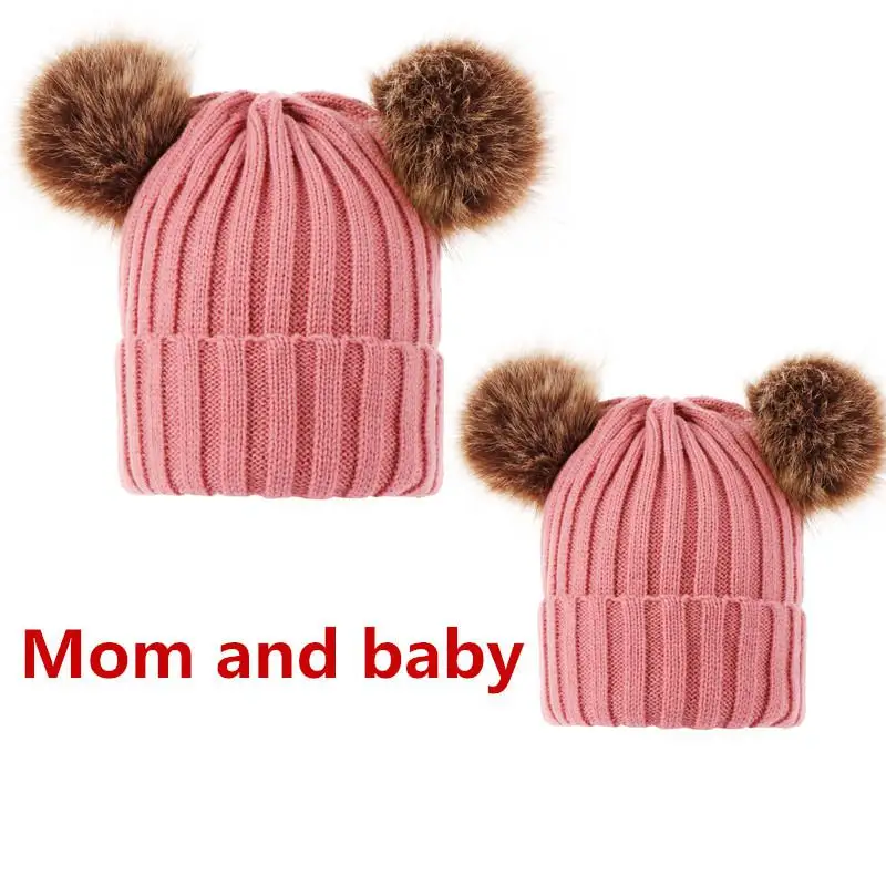 Комплект из 2 предметов, одинаковые шапки для всей семьи, Рождественские теплые зимние шапки с помпонами для маленьких мальчиков и девочек, вязаные детские шапки с помпонами из искусственного меха - Цвет: 6