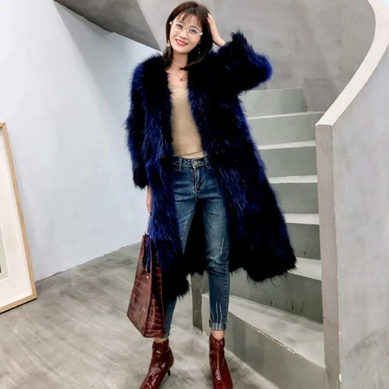 blue Роскошное женское длинное пальто из натурального Лисьего меха, толстые теплые вечерние пальто из овчины, Высококачественная верхняя одежда из натурального Лисьего меха, длинная куртка - Цвет: blue