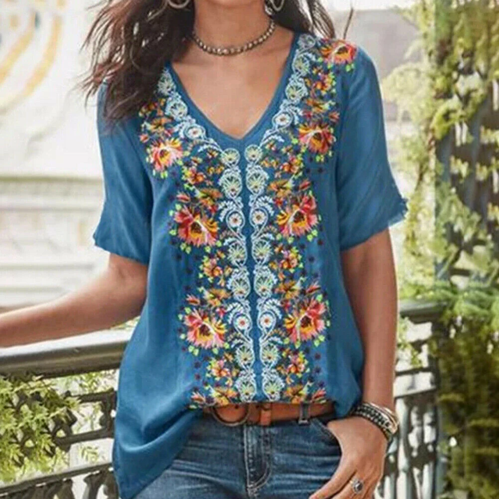 Новые Boho женские винтажные блузки сексуальные V шеи цветочные свободные Облегающая рубашка Топ женские топы с коротким рукавом Блузки 2019