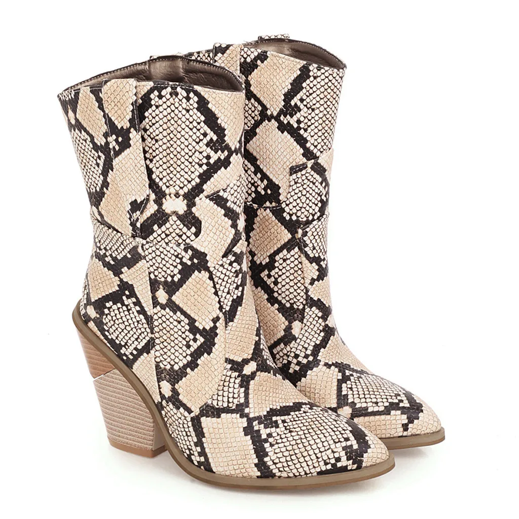 autumn Winter new Womens Leather Snake Print Wedges Shoes Pointed Toe Cowboy Slip-On Boots high heel boots women boots#O19