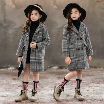 

2018 Winter Girls Cotton Long Jackets Kid's Outerwear Clothes Toddler Children Clothes Casual Turn-down Collar Plaid Woolen Coat