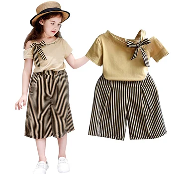 

Casual Children Girls Clothes Set Summer Short Sleeve T-shirt+Striped Print Shorts Suits 2Pcs Costume Set