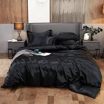 

50 Solid black 100% pure satin silk bedding set,Home Textile King size bed set,bedclothes,duvet cover flat sheet pillowcases