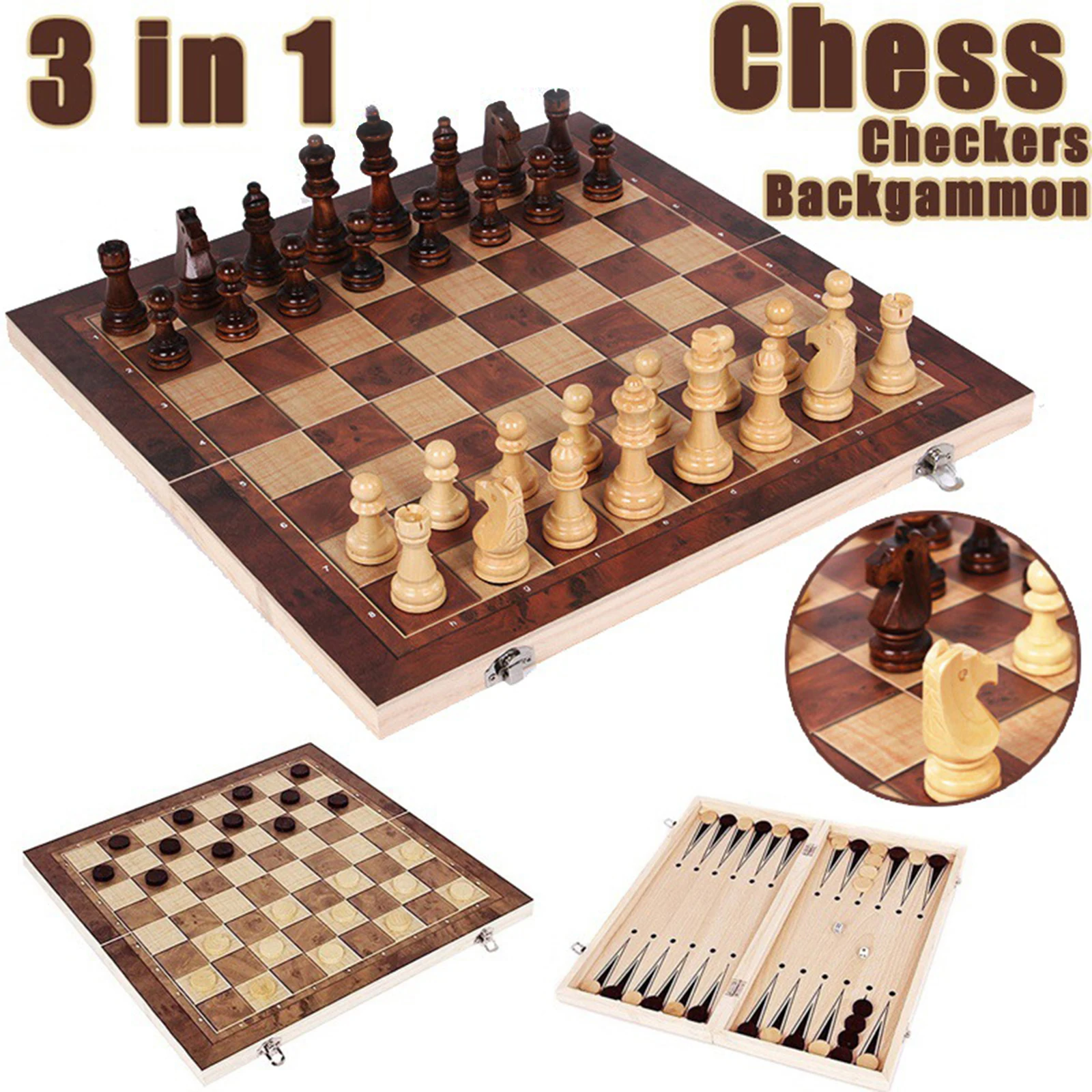 WOODEN 3 IN 1 VINTAGE CHESS GAME SET CHESS SET BOX CHECKERS BACKGAMMON BOARD 