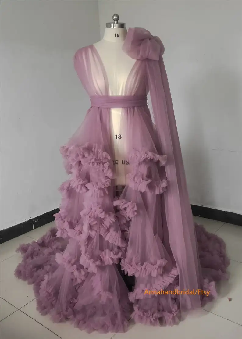 Women's Purple Photography Dress Sexy Robe Nightgown Ruffles Sleepwear Lace Tulle Bathrobe Pajamas Prom Bridesmaid Shawel