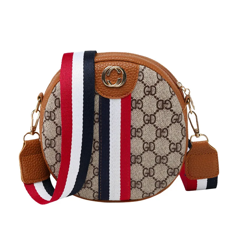 

2019 spring New style printed WOMEN'S bag European and American fashion striped small round bag hand shoulder contrast color bag