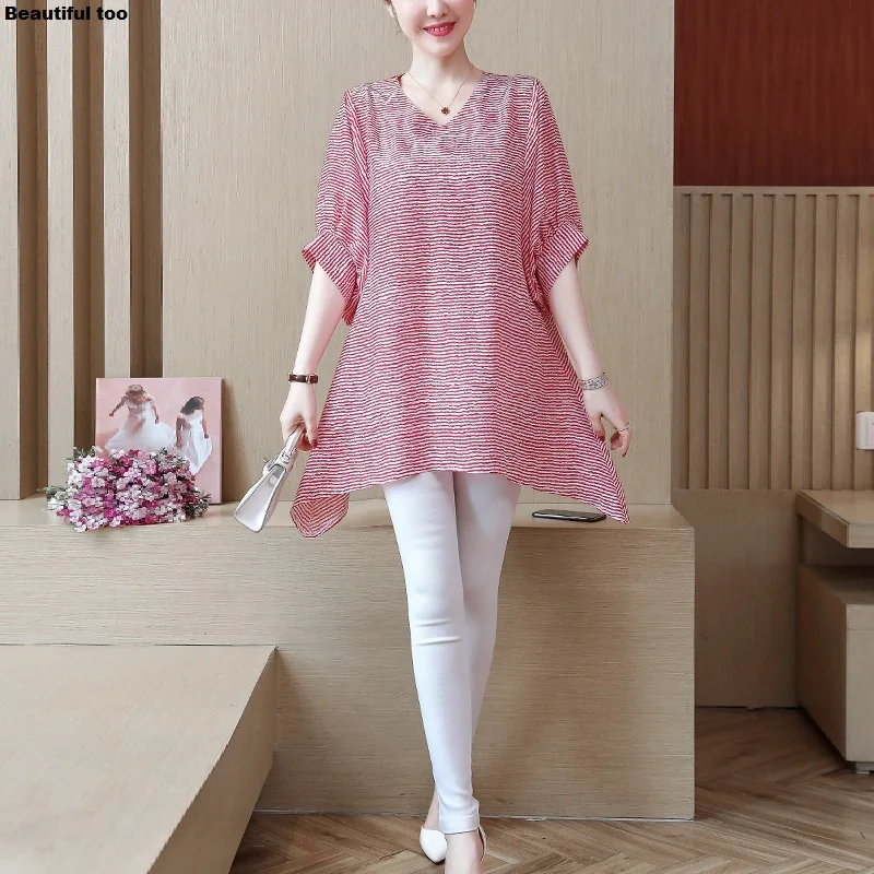 

Women Blouse Shirt Plus Size Short Sleeve Summer Elegant Boho Bean Striped Shirts Ladies Chiffon Top Korean Party Night 4xl 5xl