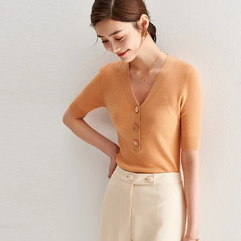 

100% Merino wool T-shirt Women Simple Design Knitted V Neck Short Sleeve Button Decoration Solid 4 Colors Top Casual Fashion
