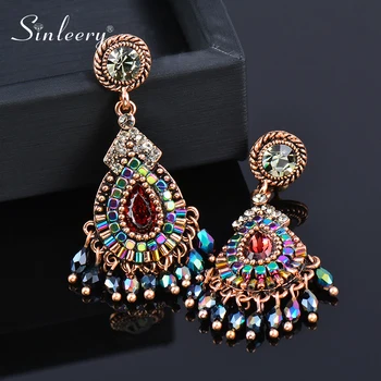 

SINLEERY Bohemia Colorful Zircon Teardrop Big Earrings For Women Long Earring Retro Jewelry Accessories ES610 SSH