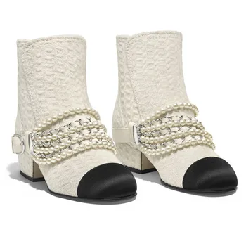 

Pearls Short Boots Round Toe Ankle Boots Platform Square Heels Black White Elegant Ladies Shoes Fashion Female Chain New Shoes