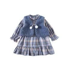 Комплект одежды из 2 предметов для девочек WLG bay, детский осенний синий жилет и клетчатое платье с оборками, комплект детской повседневной одежды для девочек