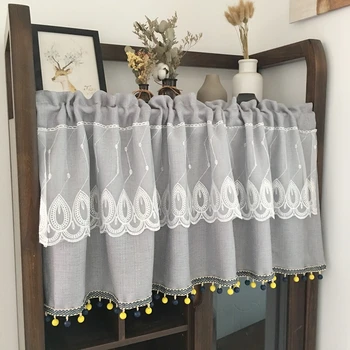 

American Short Curtain for Kitchen Yellow Bead Decor Thick Voile Lace Pleated Half Curtain Living room Window Partition DLA216&3