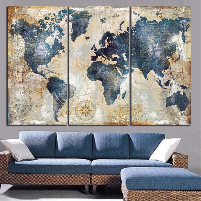 Hanging Canvas World Map 3 Panels Watercolor World Map Modular Paintings On Canvas Wall Art Posters  And Prints Hanging Pictires For Living Room Decor|Painting & Calligraphy| -  Aliexpress