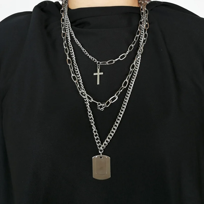 

Punk Cool Silver Gold Statement Multi Layerd Choker Chains Cross Necklace Women Man Neck Accessories Party Jewerly