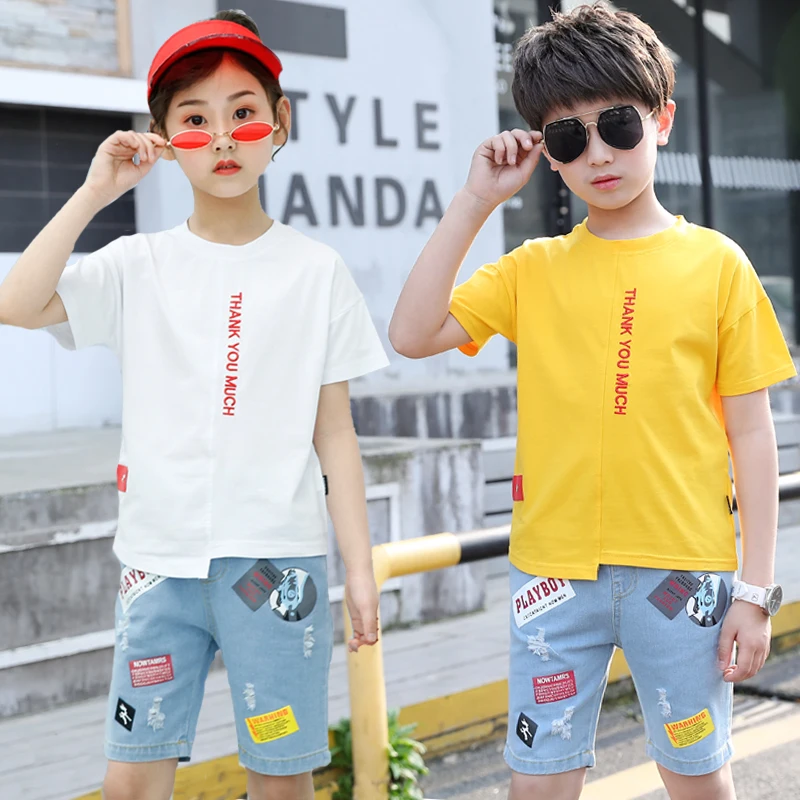 Wholesale Little Small Boy Clothes Children Kids Two-Piece Suit Yellow T Shirt Jeans Cheap Little Boys Short Sets