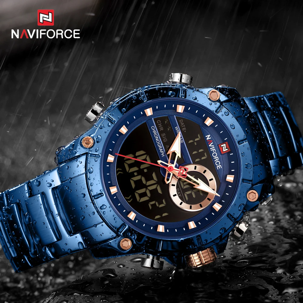 NAVIFORCE, мужские военные модные часы, синяя сталь, водонепроницаемые, двойной дисплей и кварцевые наручные часы, мужские часы, Relogio Masculino
