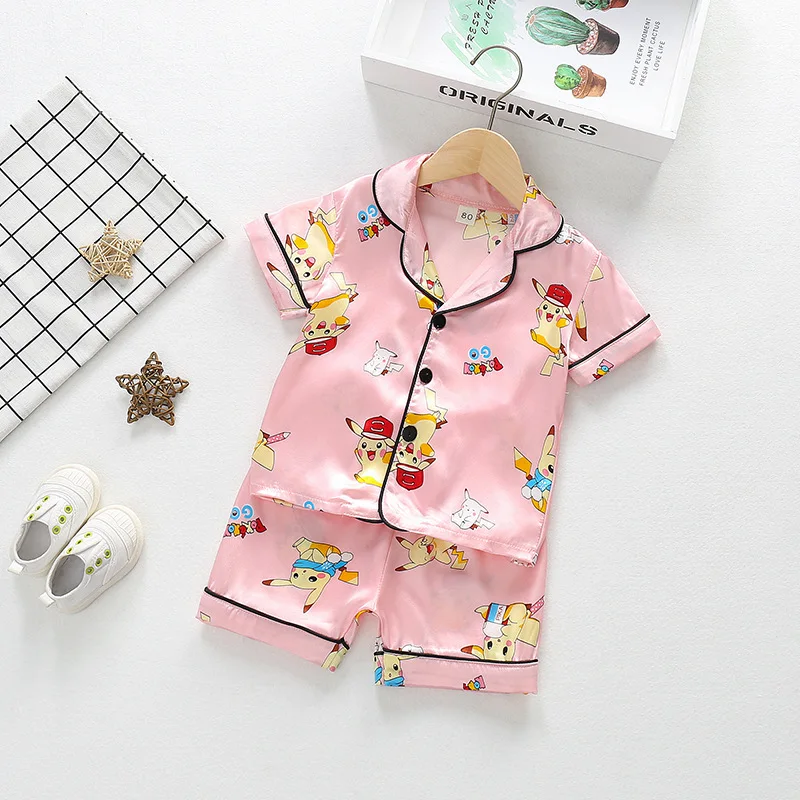 Summer Silk Children Clothing Sets Short Sleeve Kids Pajamas Baby Clothes for Girls Boy Clothing Sleepwear Sets Kids Clothes cotton nightgowns Sleepwear & Robes