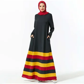 

Muslim Arabian Dress Stripe Fashion Stitching Contrast Color Striped Pocket Islamic Maxi Dresses Leisure Long Robes(No Turban)