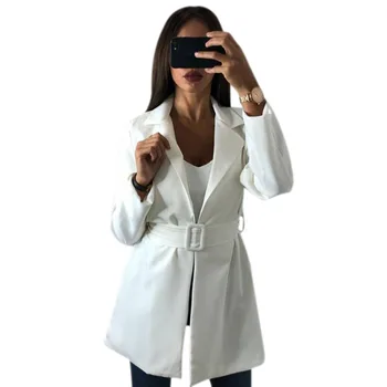

Women's OL Lapel Small Suit Long Sleeved Jacket With Belt Cardigan Windbreaker Pure Color Femme Fashion Coat