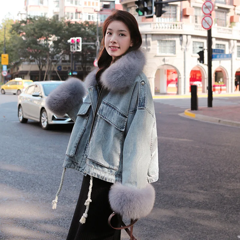 

Photo Shoot 2019 Winter New Style Korean-style Loose-Fit Short-height Furry Inner Wearing Jeans Coat Women's Short Elegant Tops