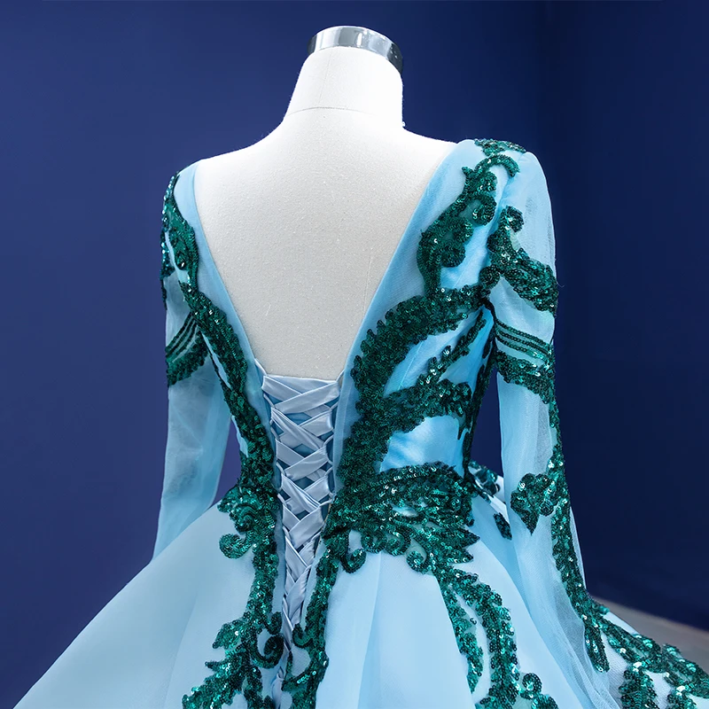 RSM67234 Lake Blue Evening Dress Long Sleeve V-neck Transparent Lace Elegant Gown Backless Pattern Banquet Party Host Event Gown 6