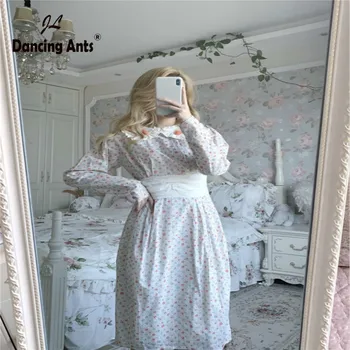 

Women Print Dress High Waist A-Line Long Sleeve Peter Pan Collar Autumn Appliques Broken Fiower Mid-Calf New Vintage Dresses