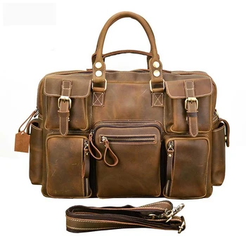

Man Briefcase Genuine Vintage Crazy Horse Leather Laptop Briefcase Bag Hand bags High Quality 7106