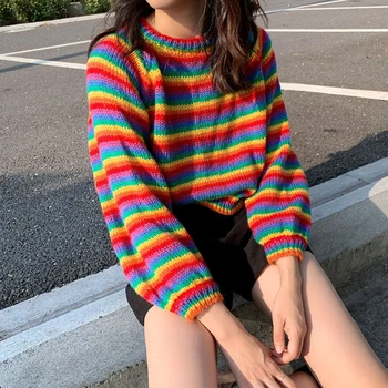 

Rainbow Colorful Stripe Print Women Casual Sweaters Autumn Fashion Knitwear Loose Pullovers Jumper Pull Femme Streetwear SW08