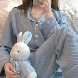 Fernan Autumn Brief Pajamas Women Solid Color Pijama Female Set Woman 2 Piece Long Sleeve Sleepwear Blue Loungewear Dropshipping