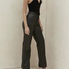 

Female New Fashion Brown Black Slim Trousers Woman High WaistLeather Pants Zipper Fly Pockets Solid Color Straight Long Pants