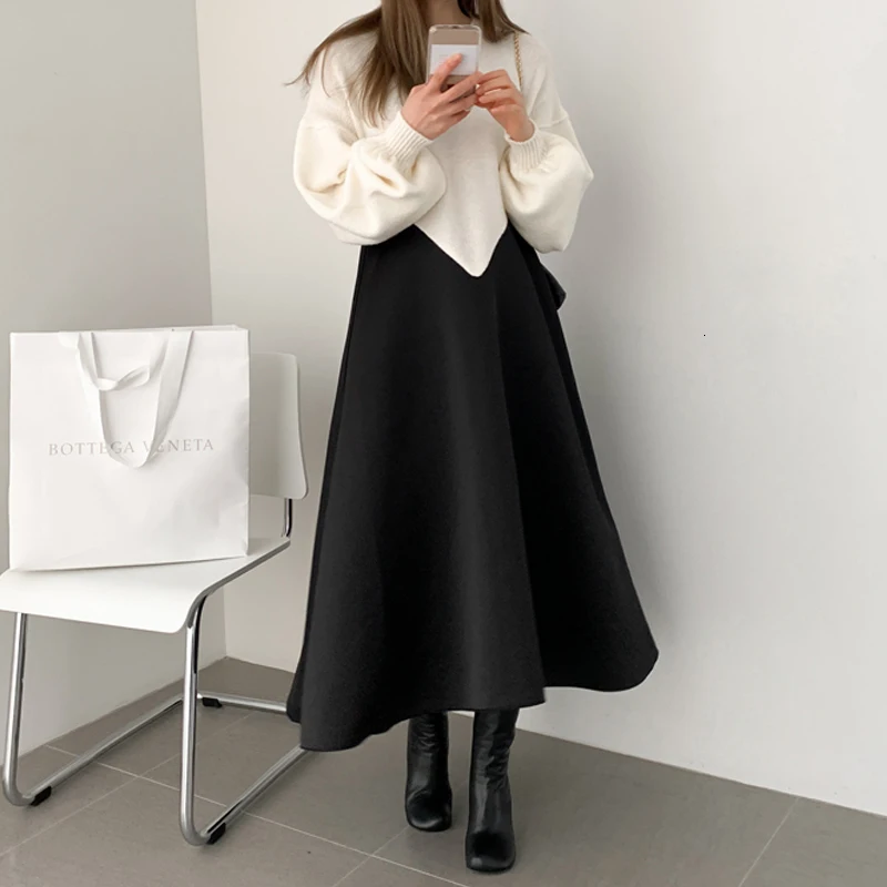

TVVOVVIN Solid Color Loose Casual Ladies Dress Cowboy Clothes New 2020 Patchwork Autumn Winter Knitted Stitching Women V007