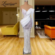 

Lowime Glitter Pearls One Shoulder Evening Dresses 2022 Couture White Pleats Satin Long Prom Dress Plus Size Arabic Prom Gowns