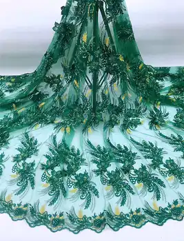 

2019 New Style African Green Lace Fabric 3D Flowers With Beaded Tulle Lace Fabric embroidered Nigerian Tulle Lace Fabric XAZ013
