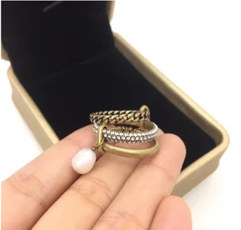 

Brand Fashion Pearl Jewelry For Women Vintage Rings Drop Pearl Ring Vintage Party Rings Yellow Brass Jewelry Steam Punk Rings
