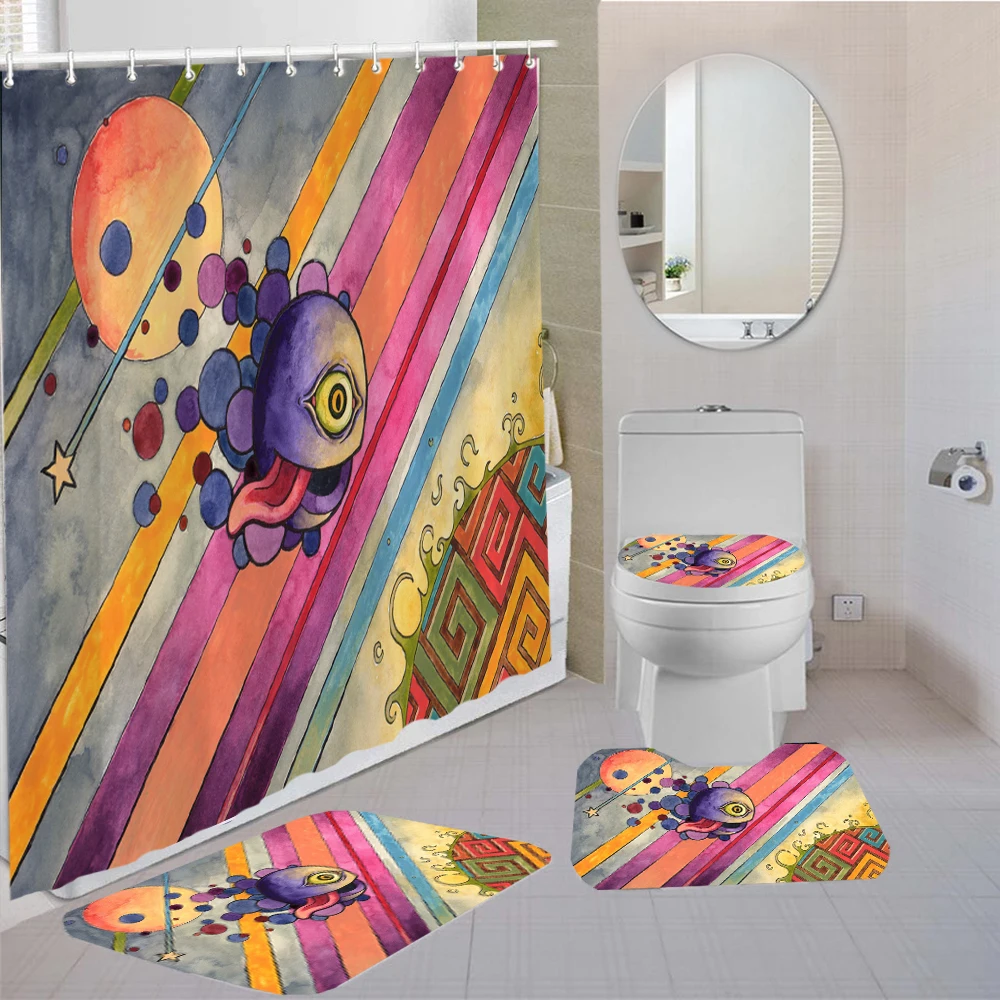 

Psychedelic Print Shower Curtain Set with Anti Slip Toilet Mat Rug Carpet Bath Products Bathroom Home Decor with Hooks